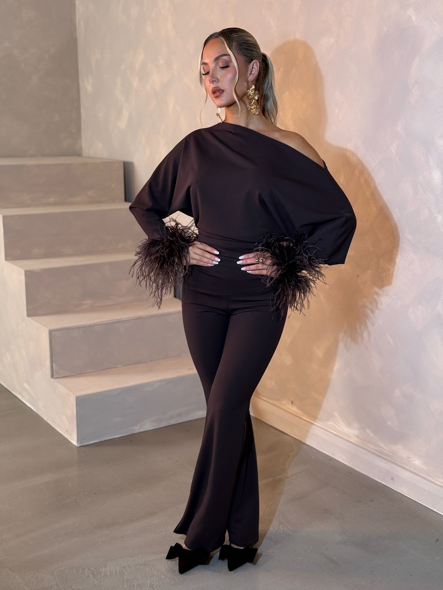 Arella Feather Jumpsuit Chocolate brown