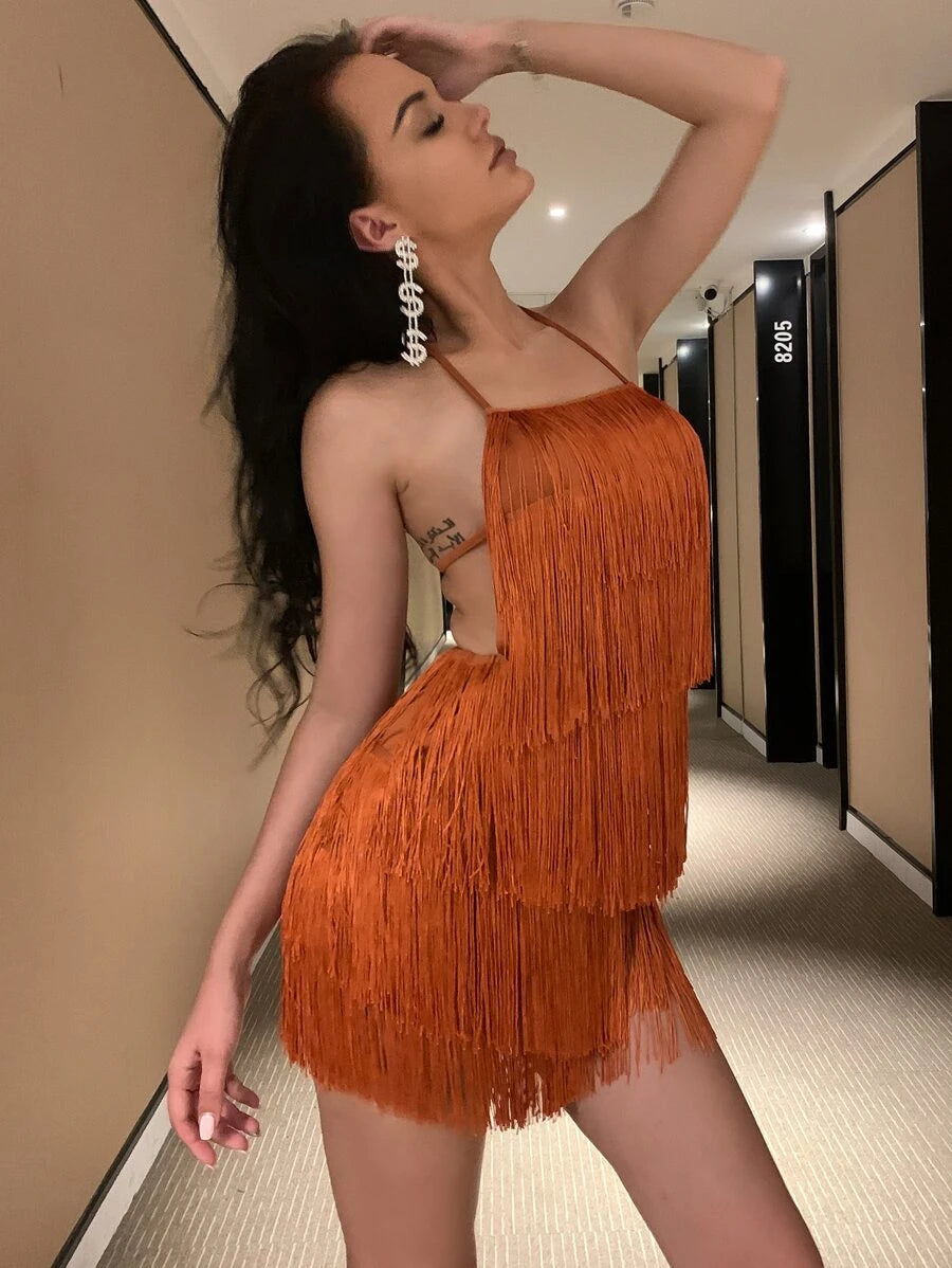 Halter Neck Backless Romper with Tassels