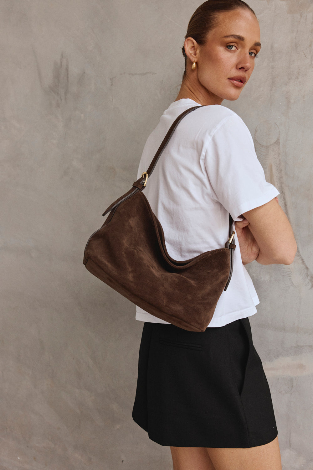 Suede Shoulder Bag DARK CHOCOLATE